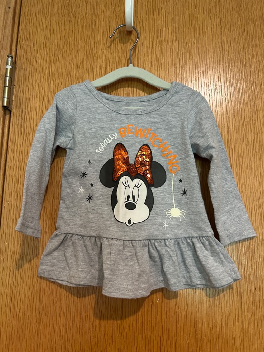 Disney Girls Grey Minnie Mouse Long Sleeve Ruffle Top with Orange Sequin Bow